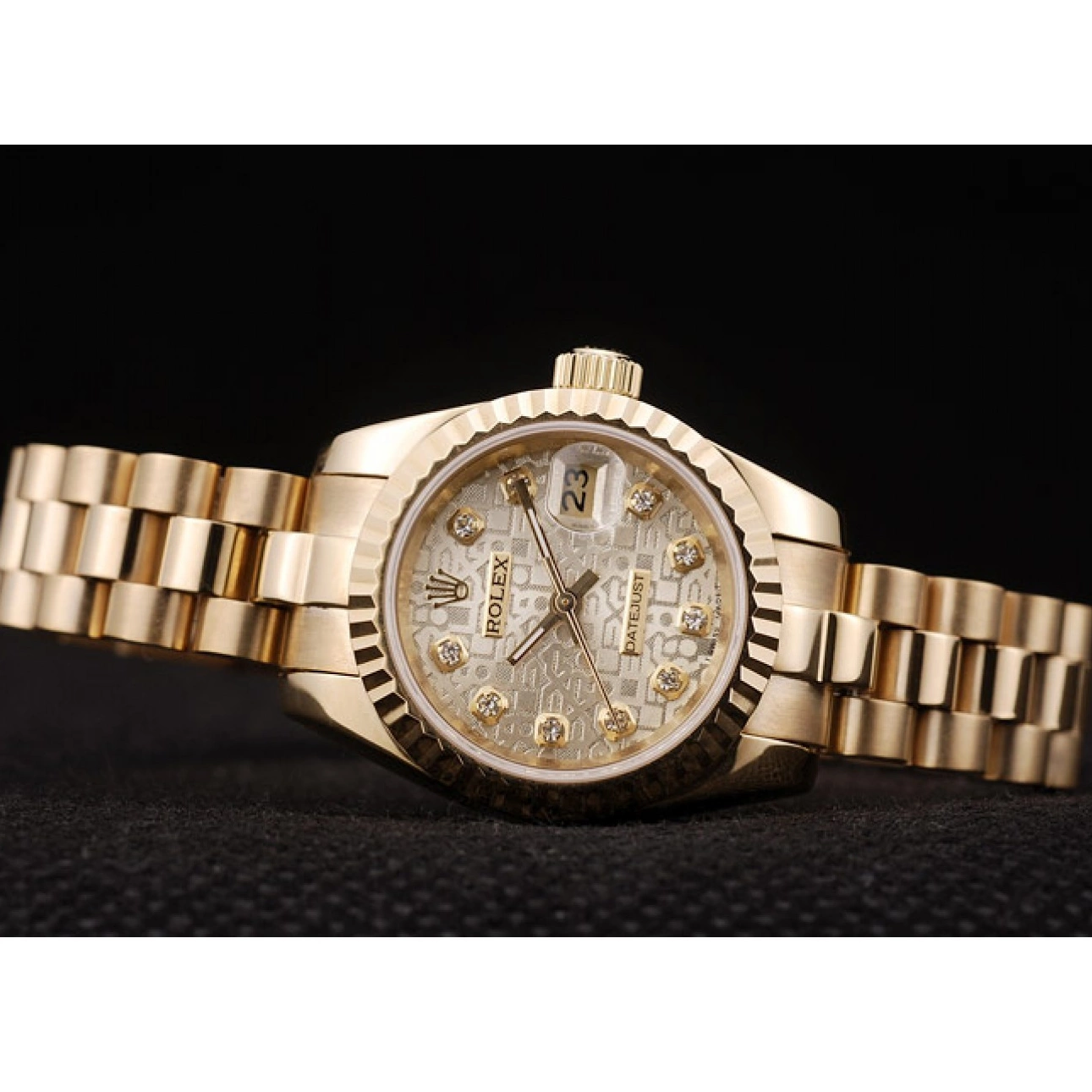 MiroTime 0720 Rolex DateJust Ribbed Pattern Gold Bezel Gold Dial